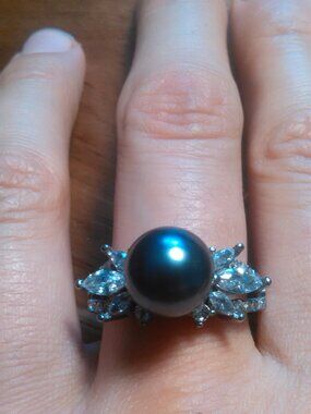 Blue Color Shell Pearl and Marquise Cut Crystal Stainless Steel Ring (Size 10)